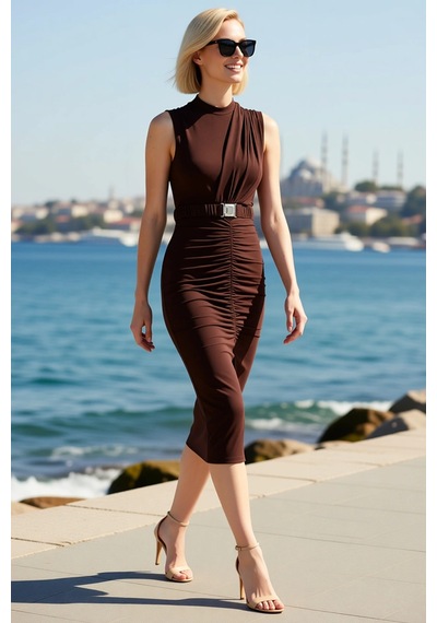 Benerly Kadın Kolsuz Dik Yaka Drape Detaylı Kemerli Midi Bodycon Esnek Ör Koyu Kahverengi