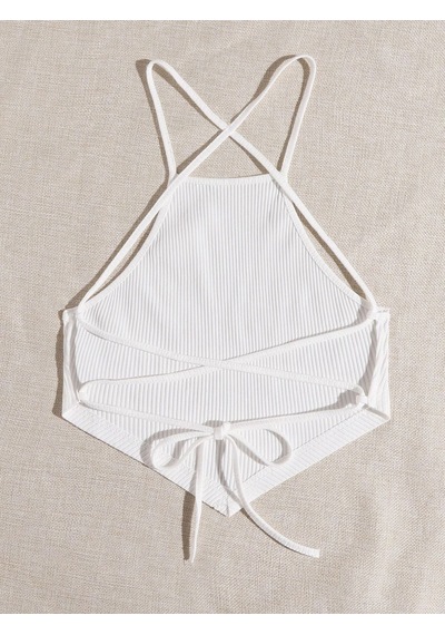 Liona Halter Yaka Sırtı Açık Çapraz Askılı Bağcıklı Beyaz Renk Fitilli Crop Top Bluz