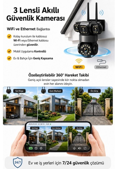 Rx113w Wifi 3 Kameralı Güvenlik Kamerası 15mp Ultra Hd Ptz Hareketli Sesli Gece Görüşlü Akıllı Kamera