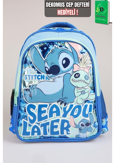 X Dekomus Lisanslı Stitch "ıconic Blue Collection Collection" Özel Tasarım Büyük Boy Okul Çantası "dekomus Cep Defteri Hediyeli" Altın