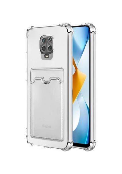 Redmi Note 9S Kılıf Darbe Emici Köşe Korumalı Kartlıklı Cüzdanlı Silikon Kapak Şeffaf