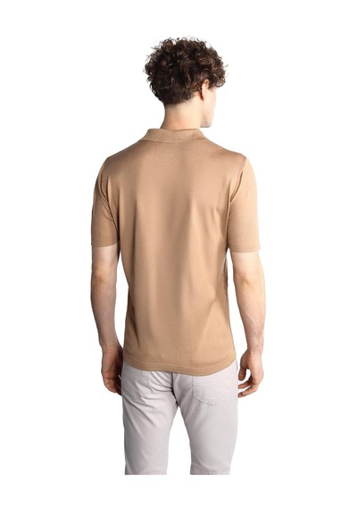 Vizon Slim Fit Dar Kalıp Düğmeli Polo Yaka Desenli Kısa Kollu Triko Tişört-16322 Bej