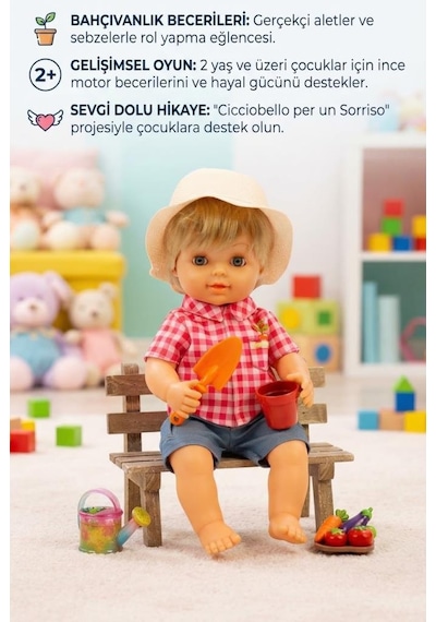 30 Cm Orijinal Lisanslı Cicio-bella Bahçıvan Bebek Ve 7 Parçalı Bahçe Oyun Seti