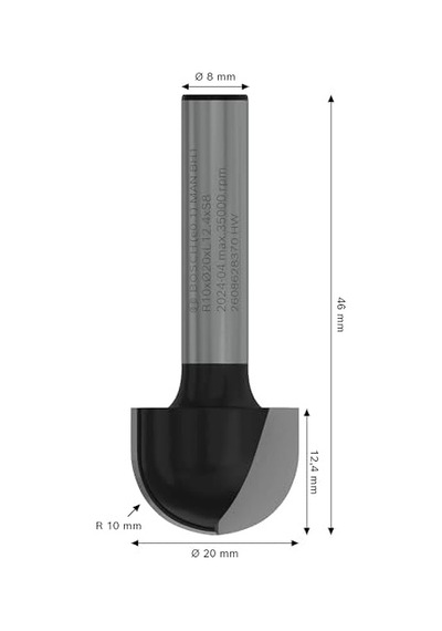 Aksesuarı 2608628370 Oyuklu Freze Ç 8 Mm, R1 10 Mm, Çap 20 Mm, L 12,7 Mm, G 46 Mm