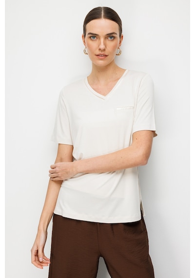 Desen Triko Kadın V Yaka Cebi Saten Şeritli Penye T-shirt 26828 Taş Taş