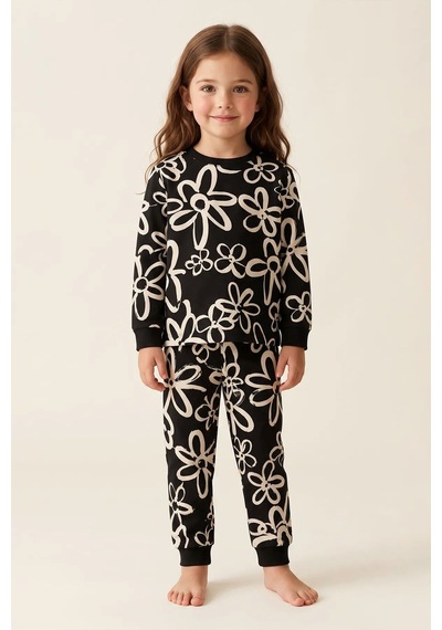 Zuzunga Kız Çocuk Siyah Beyaz Büyük Papatya Desenli Uzun Kollu Pijama Takımı