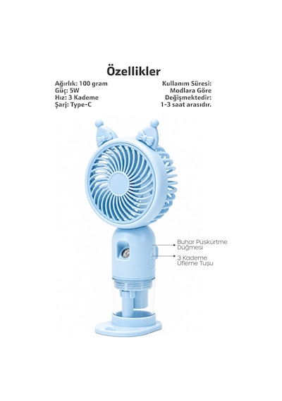 Buhar Üflemeli 3 Modlu Şarjlı El Fanı Seyahat Masaüstü Vantilatör Taşınabilir Mini Fan Mavi F830