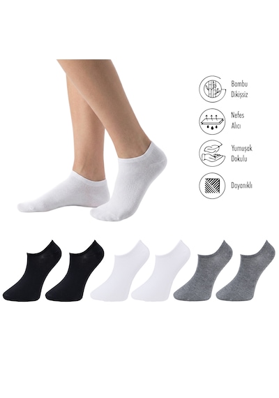 Lion Monroe Saf Bambu Erkek Sneaker Siyah - Beyaz - Gri Çorap Dikişsiz Görünmez Bilekte Spor Çorap Premium 6'lı L5952aznb Softaura