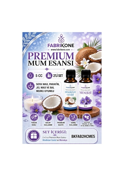 Premium Mum Esansı 5 Cc 2'li Set - Hindistan Cevizi, Menekşe - Soya Wax, Parafin, Jel Wax Ve Bal Mumu Uyumlu Bkfab2hcme5 Karışık