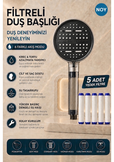 Duş Başlığı Seti Filtreli Duş Başlığı 6 Fonksiyonlu 5 Yedek Filtre Hediyeli Premium Serisi Gri