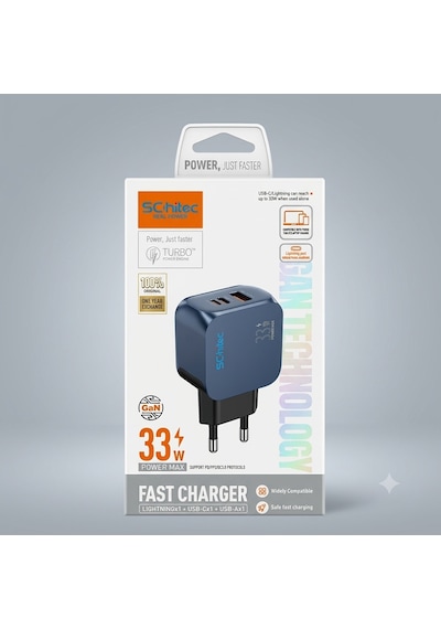 Schitec 33w Gan 3 Portlu Hızlı Şarj Adaptörü Usb-c + Usb-a + Lightning 1m Kablolu Set Siyah Q5