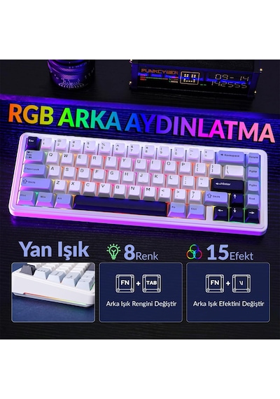 Aula F65 Reaper Switch Mekanik Rgb Tkl Makrolu Hot Swap Kablosuz Klavye Buz Mavisi