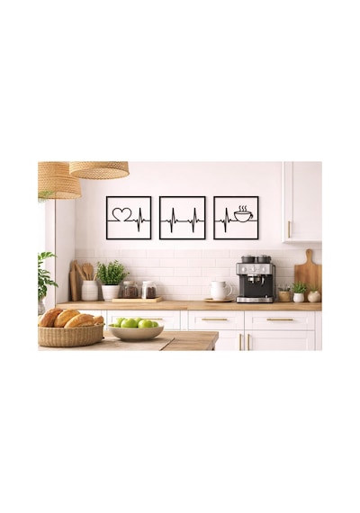 Arliadesign Ahşap 3 Lü Kare Şeklinde Kahve Ve Nabız Figürü / Siyah 3 Mm Mdf