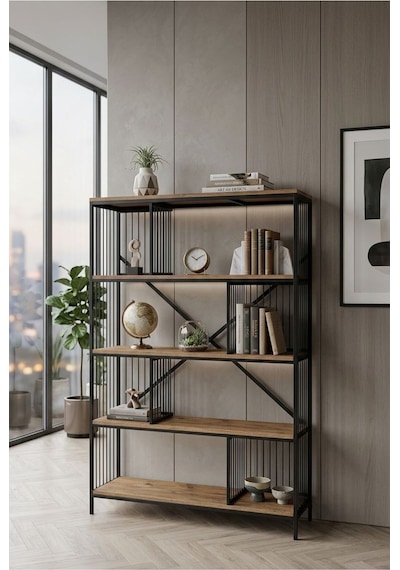 Dekoratif Lüx 5 Raflı Kitaplık Geniş Metal Kitaplık Dosya Rafı Ofis Salon Raf Ceviz Siyah - Ceviz