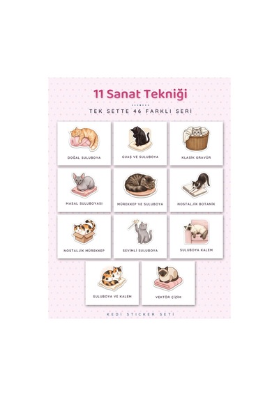 Kedi Sticker Seti 400+ Adet 9 Farklı Boy Suluboya Guaş Ajanda Planner Scrapbook Journal 6 Sayfa A4 Çok Renkli