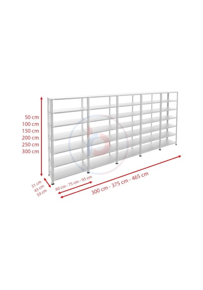 Raf Burada  7 Katlı 5'li Galvaniz Çelik Raf - Depo, Arşiv, Kiler, Dosya, Market Rafı-43x75 cm-250 cm-1.50 mm