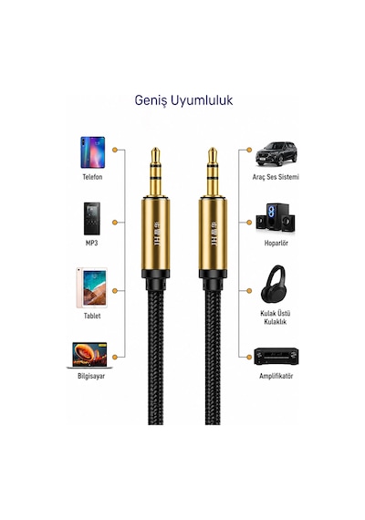 3.5mm - 3.5mm Aux Ses Kablosu 1.5 Metre, Erkek Erkek Stereo Audio Kablo, Kulaklık Hoparlör Bilgisayar Amfi Uyumlu, Metal Gövde, Naylon Örgü, Altın Kaplama Jak A580e