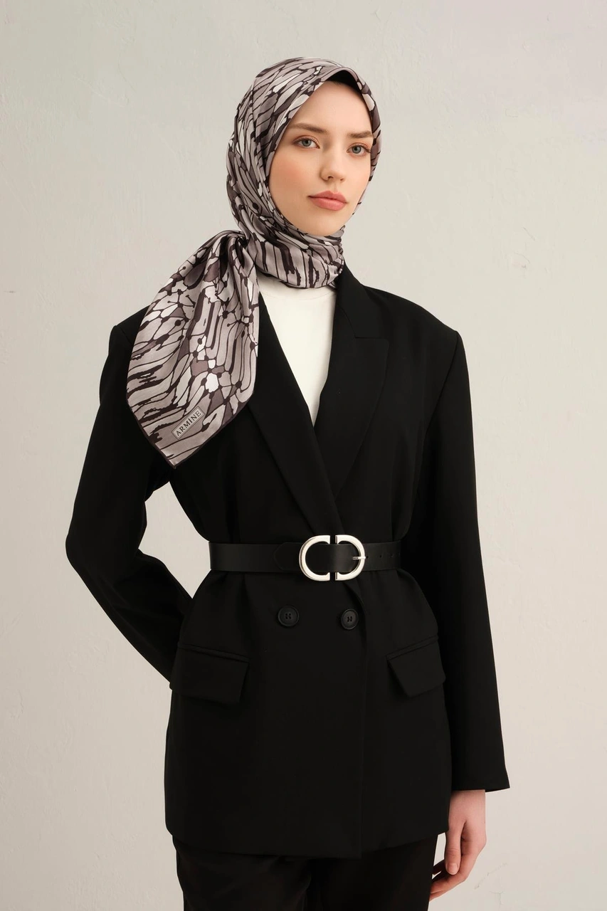 Armine Soyut Desenli Saf İpek Twill Eşarp 9335d 87 Füme