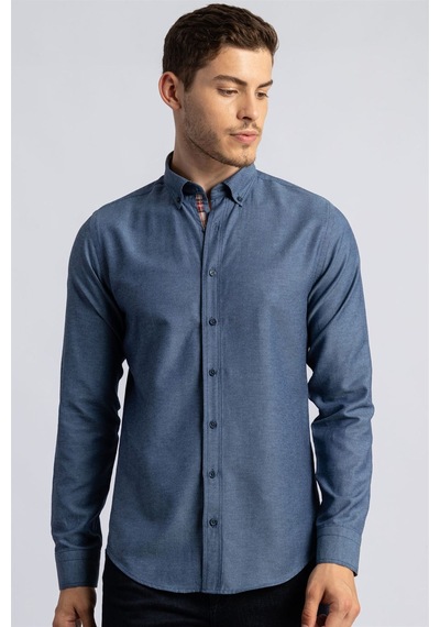 Tudors Slim Fit Dar Kesim Uzun Kol Poplin Oxford Erkek Gömlek-12622 Lacivert