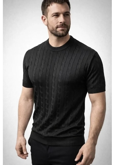 Suma Erkek Yazlık Triko Dokuma Tişört Kısa Kol Bisiklet Yaka Örgü Desenli T-shirt - Siyah