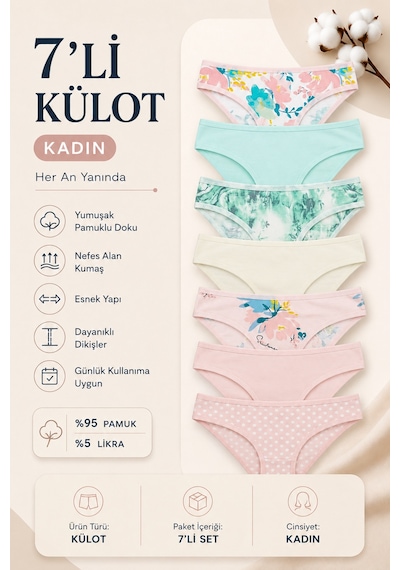 Nicoletta Kadın Külot 7 Li Paket Likralı Pamuklu Baskılı 713167 Çok Renkli