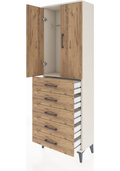 Arges Dolap Tek Raflı 5 Çekmeceli Tek Askılı 60x30x182 Aytaşı-çam Aytası