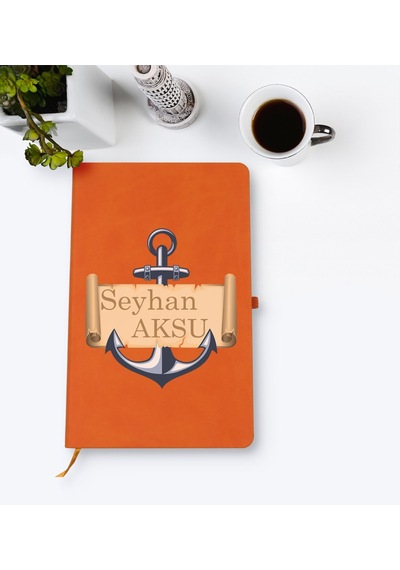 Kişiye Özel Çapa Tasarımlı Turuncu Termo Deri Defter Model 3