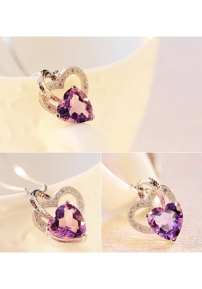 Brezza Lusso Jewelry Gümüş Ametist Taşlı Çift Kalp Kadın Gümüş Kolye 45 CM