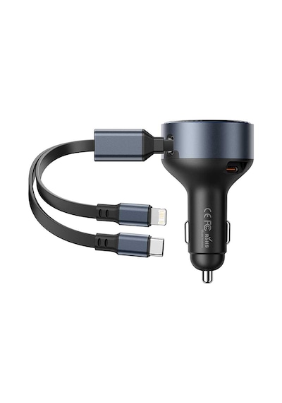 Vention 30w 3 Portlu Kendinden Kablolu Type-c + Lightning Alüminyum Hızlı Araç Şarj Cihazı - Siyah