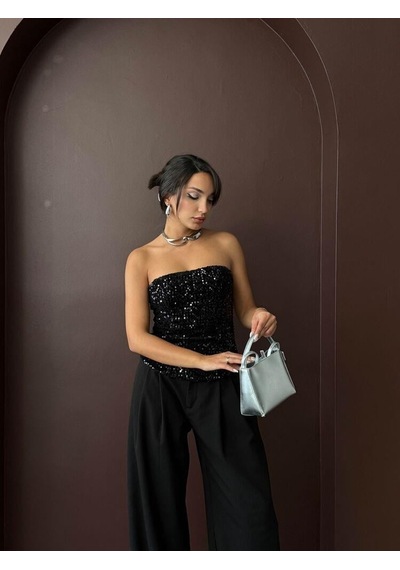 Ckm Moda Rubina Payetli Straplez Bluz Siyah