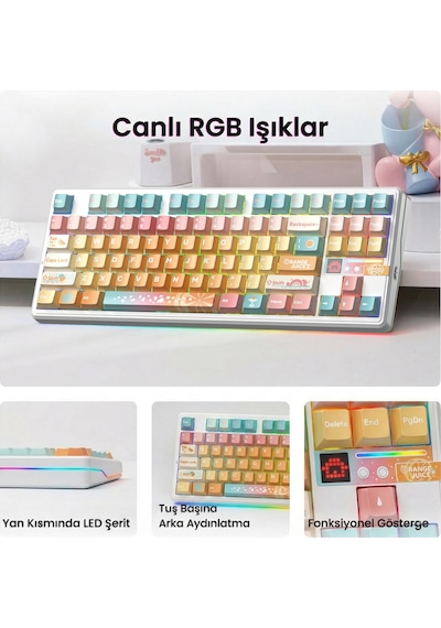 Aula F87 Pro V2 Mekanik Rgb Tkl Meteor Ice Cream Switch Kablosuz Makrolu Hot Swap Klavye Orange Juice