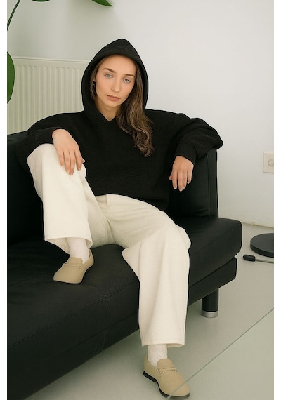 Benroma Düz Ünisex Oversize Kapüşonlu Sweatshırt SIYAH