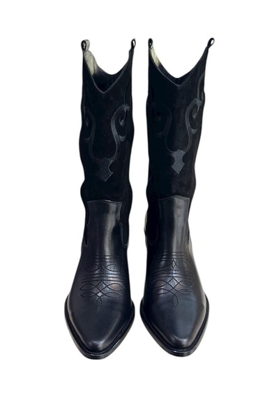 Tufan Shoes Siyah Hakiki Deri Ve Süet İşleme Detaylı Western Çizme Siyah