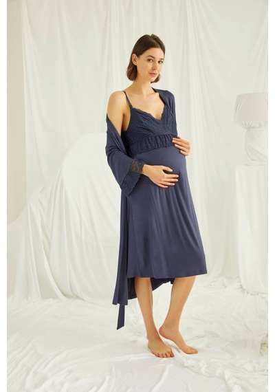 Monamise Kadın Lacivert Ayarlanabilir Askılı Emzirme Özellikli Dantelli Hamile Lohusa Sabahlıklı Gecelik Takım