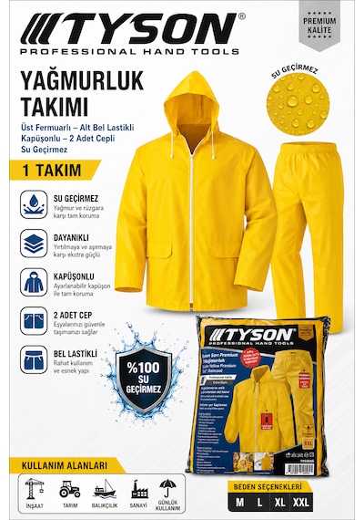 Tyson Yağmurluk Üst Fermuarlı Alt Bel Lastikli Kapüşönlü 2 Adet Cepli Su Geçirmez 1 Takım Sarı Tyson Yağmurluk Üst Fermuarlı Alt Bel Lastikli Kapüşönlü 2 Adet Cepli Su Geçirmez 1 Takım Sarı
