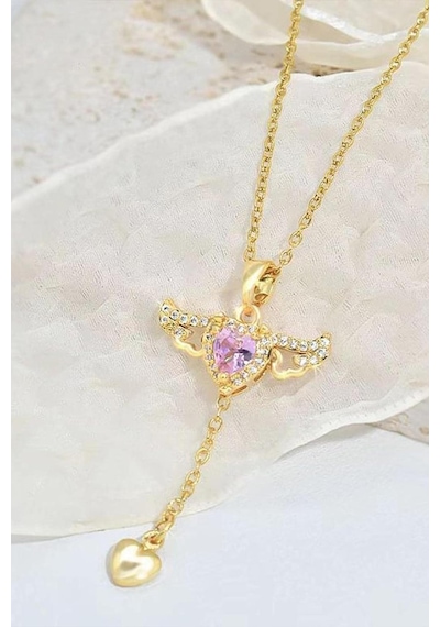 Hareketli Kanatlı Kalpli Pembe Taşlı Kadın Çelik Kolye Eck49s