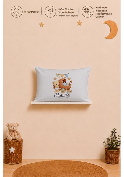 İsimli Erkek Bebek Yastık Kılıfı 35x45 Cm %100 Pamuk Organik Baskılı İsme Özel Bebek Hediyesi 2018y