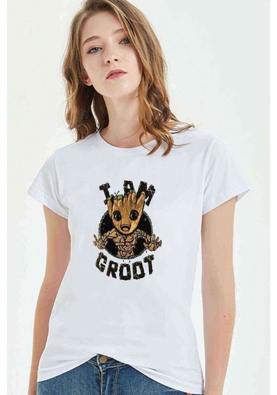 I Am Groot Sarmaşık Baskılı Beyaz Kadın Tshirt