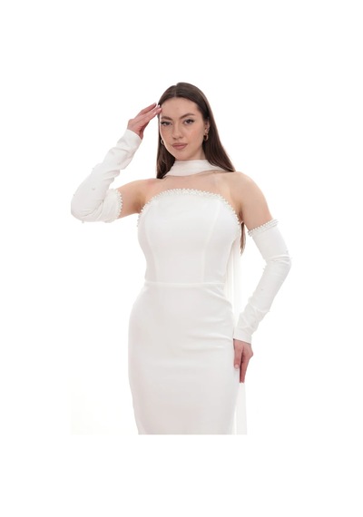 Berneva Beyaz İnci Detaylı Choker Yakalı Eldiven Kollu Abiye