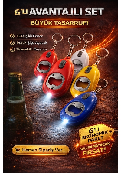 Mini Led Anahtarlık Fener Açacak Işıklı Şişe Açacak Anahtarlık 6 Adet