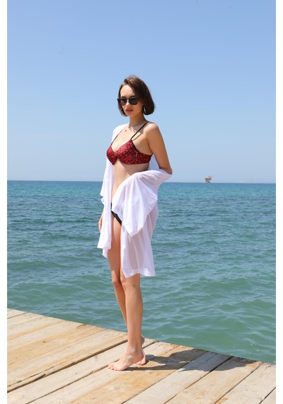 Modi Moda Çizgi Kadın Kimono Pareo Plaj Elbisesi Beyaz 38049