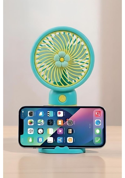 Şarjlı El Vantilatörü Telefon Standlı 3 Kademeli Taşınabilir Masa Fanı F62 Yeşil