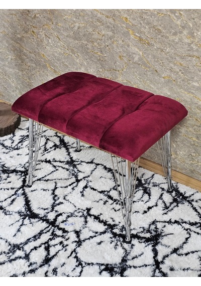 Zafir Metal Krom Tel Ayaklı 60 Cm Puf Bench - Puf - Bench - Oturak - Mutfak Oturağı - Antre Oturağı Bordo