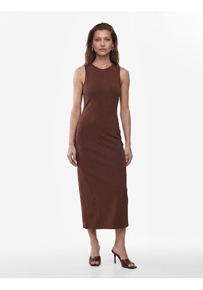 Koton Viskon Karışımlı Slim Fit Yırtmaçlı Kolsuz Bisiklet Yaka Bodycon Kalem Uzun Elbise Kahverengi 6sak80035pk Kahve