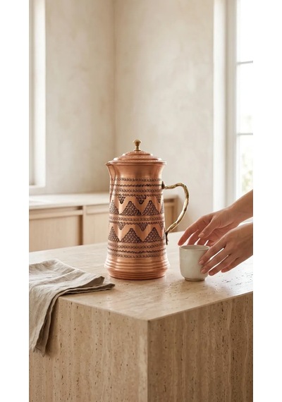 Aura Copper El İşlemeli Bakır Sürahi 2 L Kapaklı 28 Cm 1,2 Mm