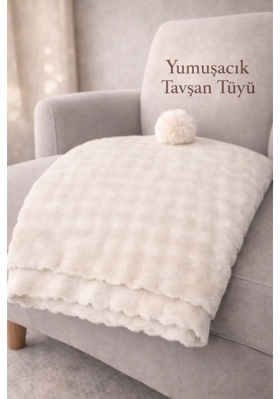 Tavşan Tüyü İthal Bubble Ultra Yumuşak Kaymaz Yıkanabilir Koltuk/çekyat Örtüsü 170x210 Büyük Ebat Krem