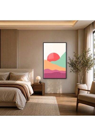 Pastel Güneş Tepeleri Siyah Çerçeveli Cam Tablo