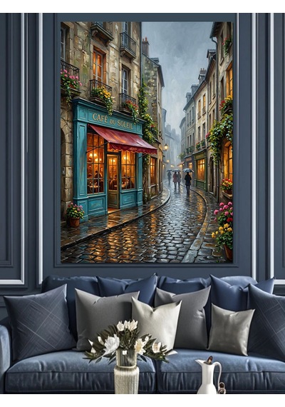 Yağmurlu Paris Sokağı Kırmızı Tente Dekoratif Kanvas - Mdf Ahşap Tablo