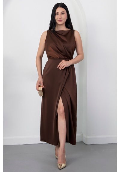 Kalopya Kare Yaka Beli Büzgülü Yırtmaçlı Elbise Yzc25y223 A.kahve