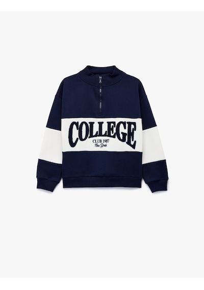 Koton Uzun Kollu Yarım Fermuarlı Dik Yaka Nakışlı Oversize Sweatshirt Lacivert 6wkg10440ak Lacivert